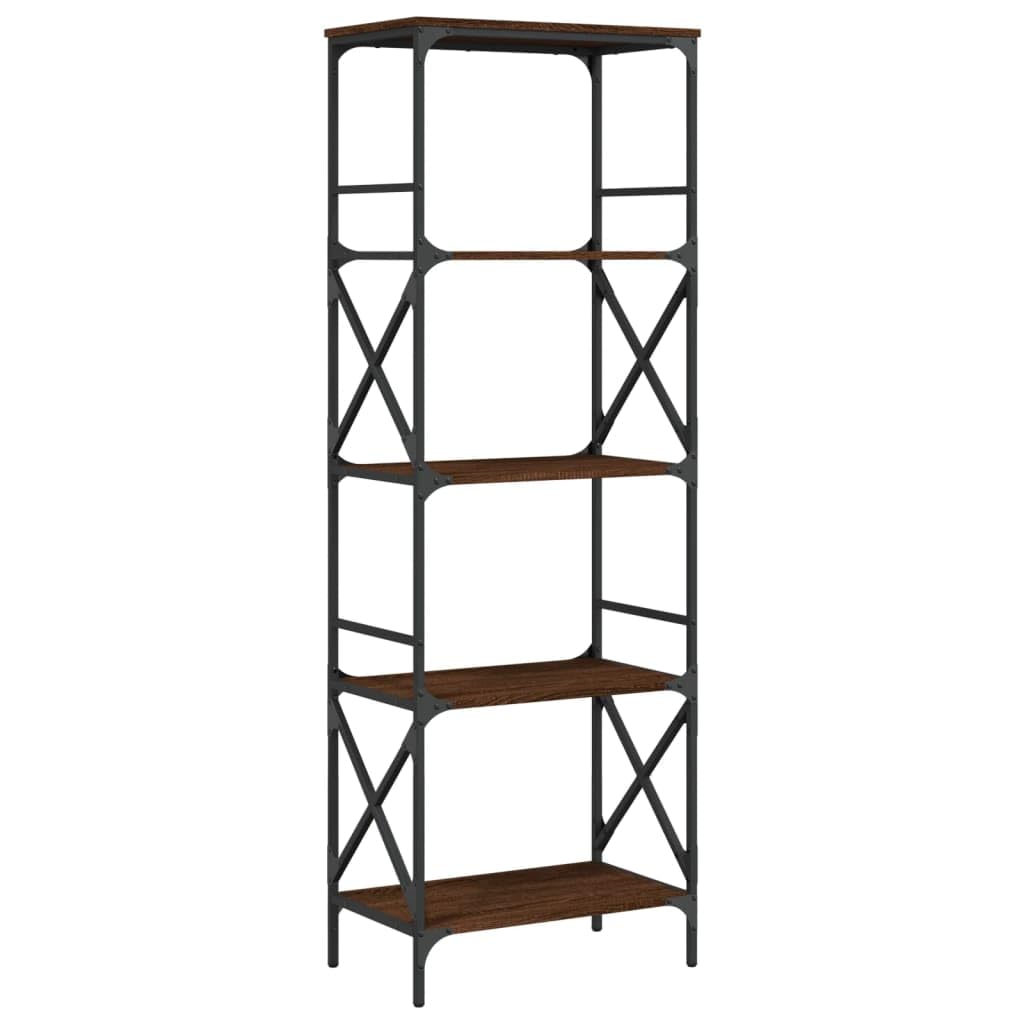 vidaXL 5-Tier Brown Oak Engineered Wood Bookshelf - Spacious Bookcase Display Cabinet with Adjustable Feet and Metal Frame for Office/Living Room